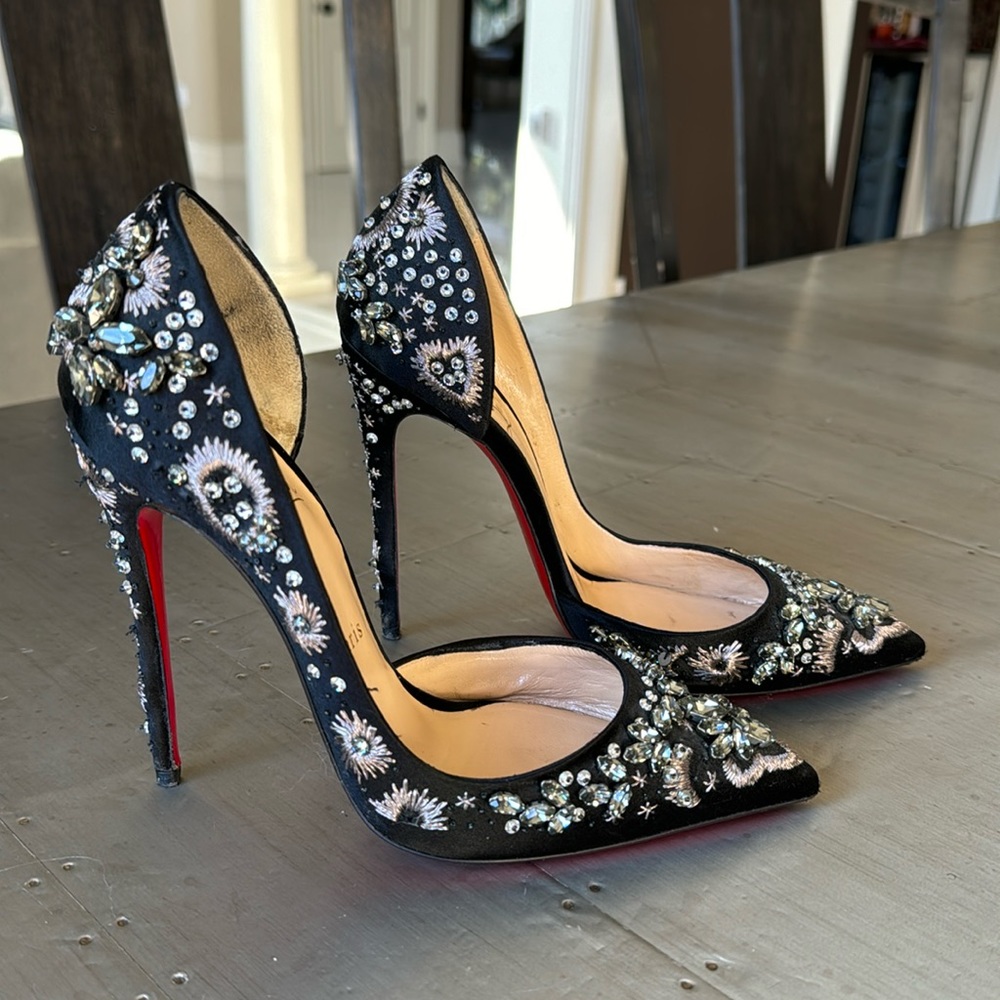 Christian Louboutin black crystal artifice 120mm satin embroidered pump Sz 38